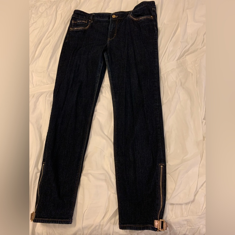 White House Black Market Dark Blue Skinny Ankle Jeans w/Buckle Detail Hem, Sz 10